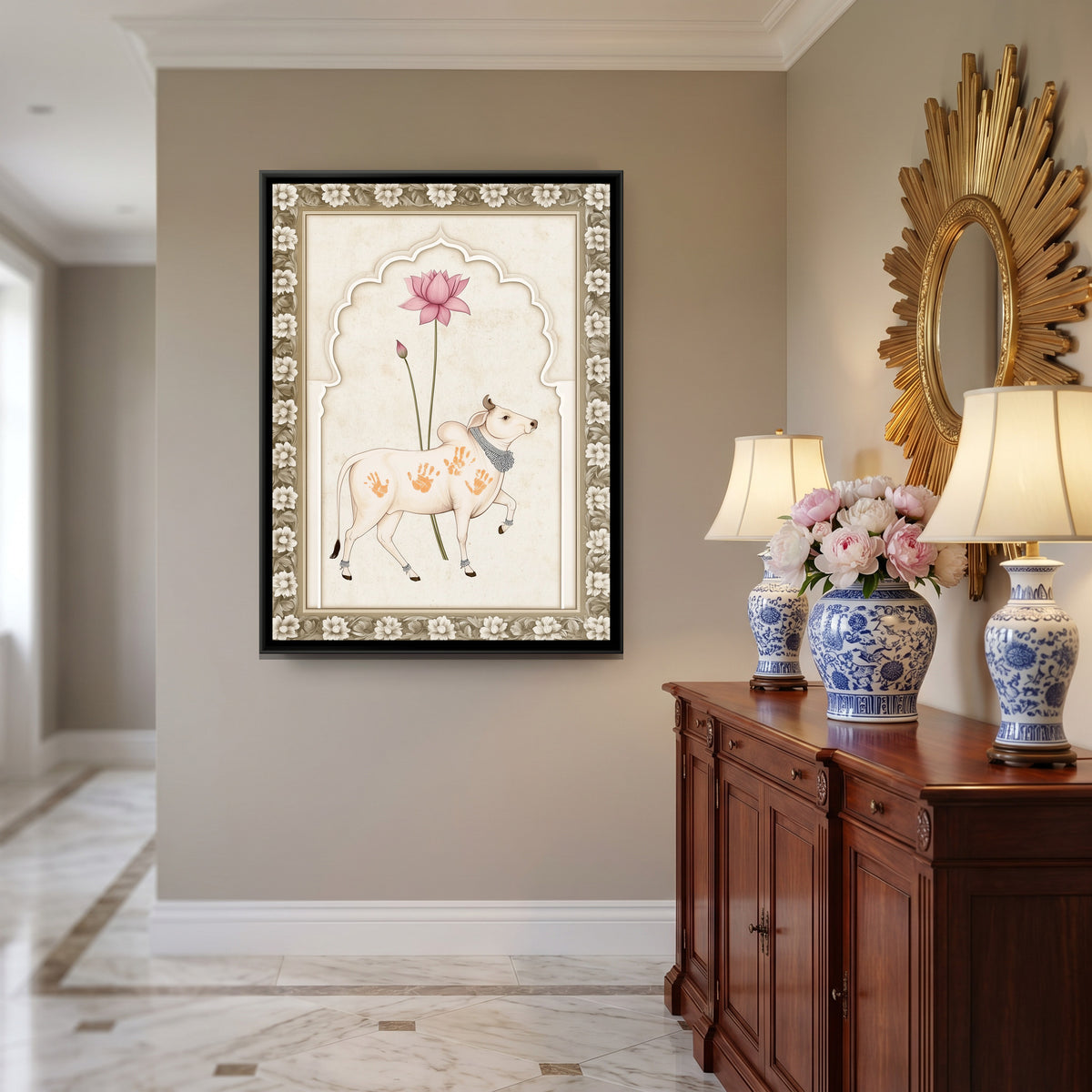 Pichwai Cow — canvas art shown in a second room setting