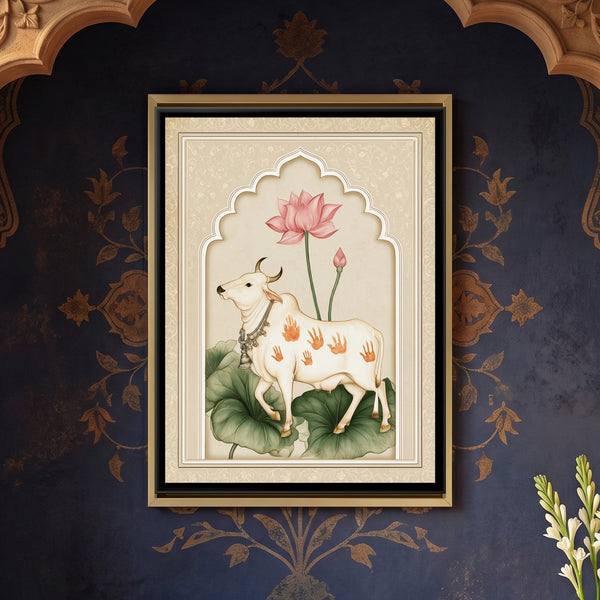 Pichwai Cow — framed canvas art hung on a wall