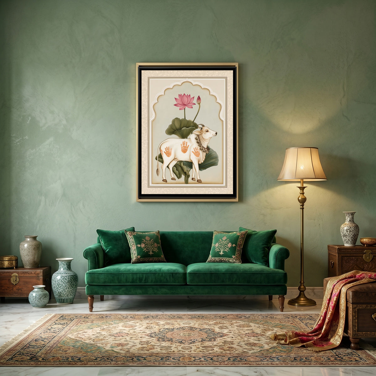 Pichwai Cow — canvas art shown in a styled room