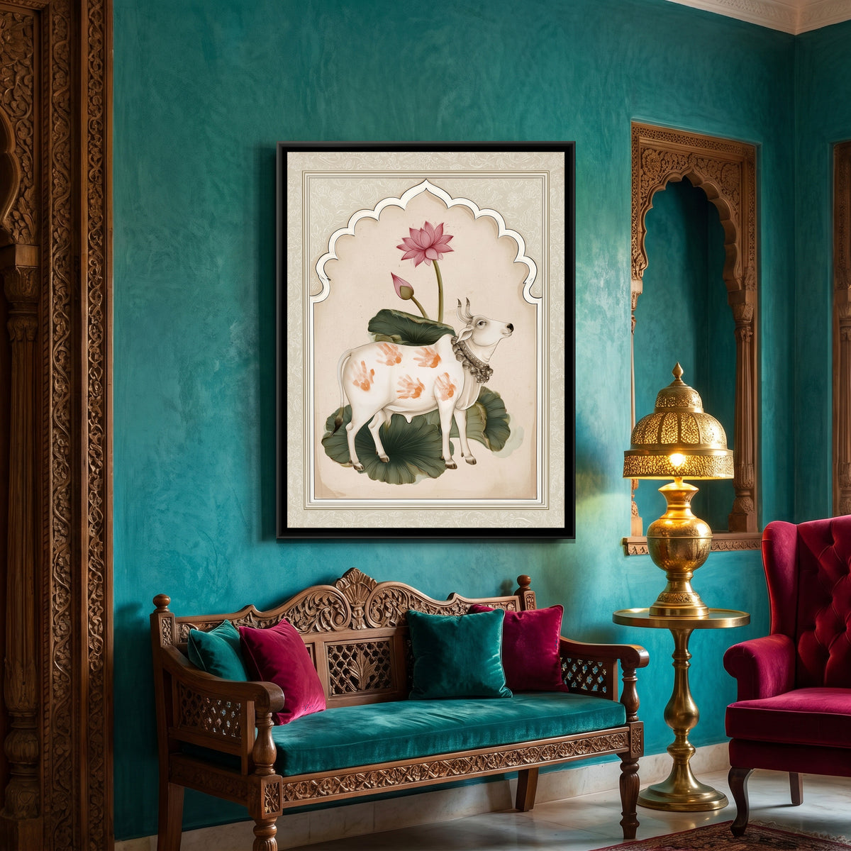 Pichwai Cow — canvas art shown in a styled room