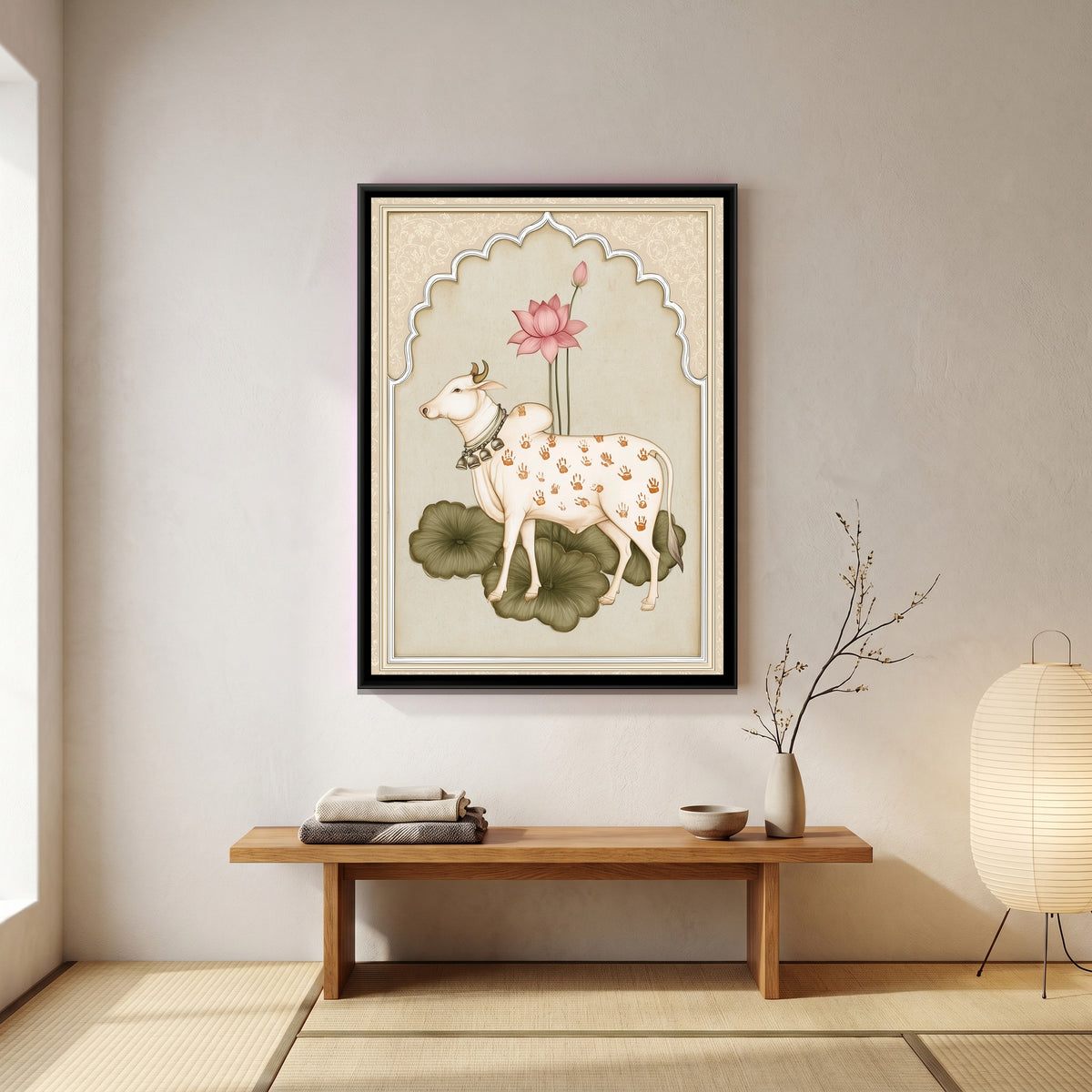 Pichwai Cow — canvas art shown in a styled room