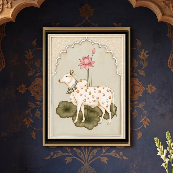 Pichwai Cow — framed canvas art hung on a wall