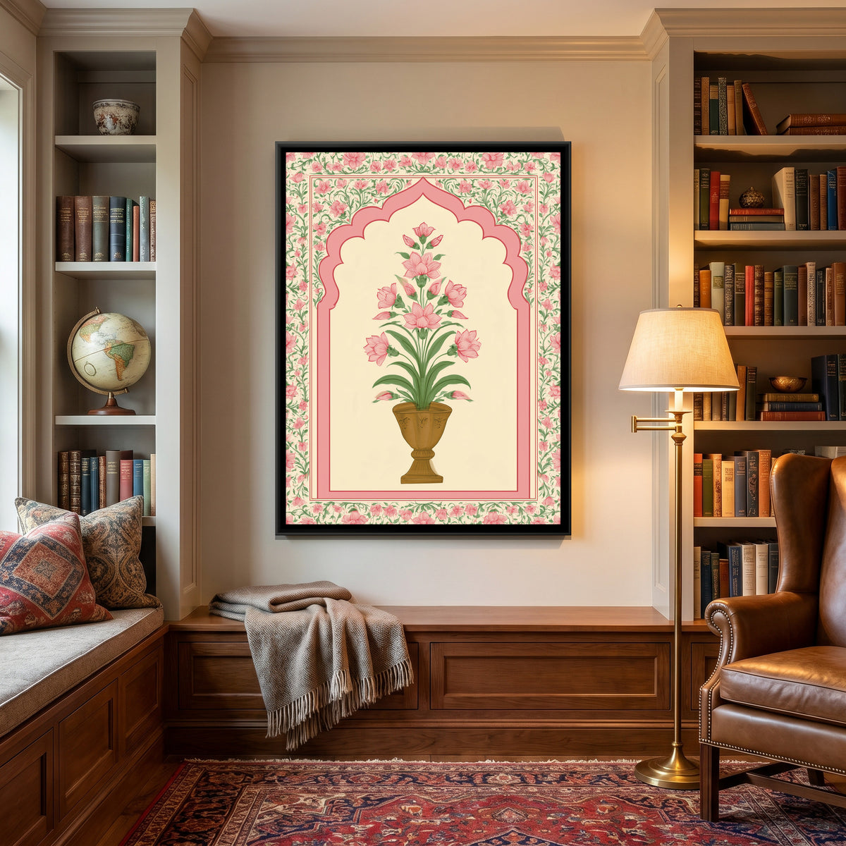 Mughal Flower Vase — canvas art shown in a styled room