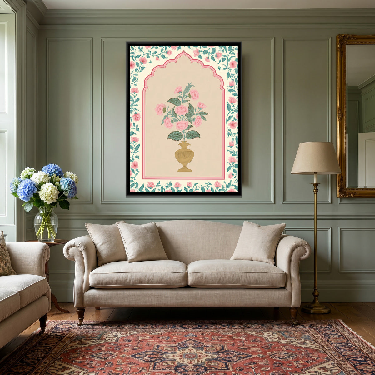 Mughal Flower Vase — canvas art shown in a styled room