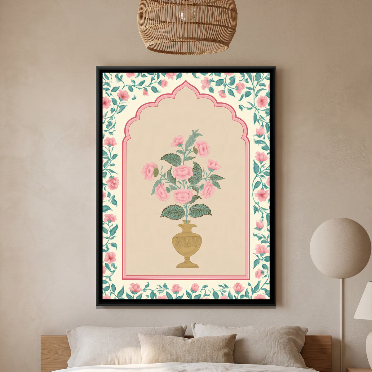 Mughal Flower Vase — framed canvas art hung on a wall