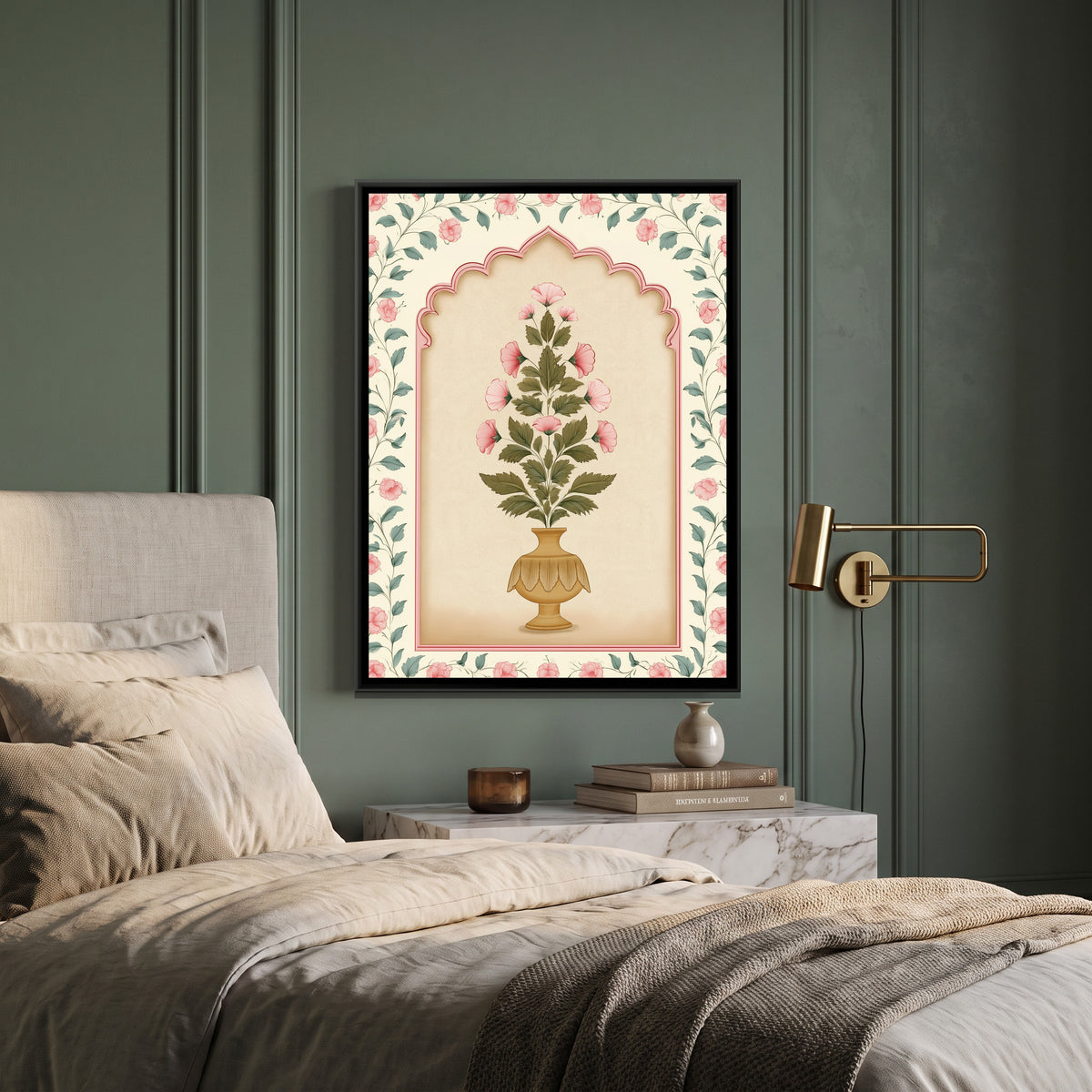 Mughal Flower Vase — canvas art shown in a second room setting