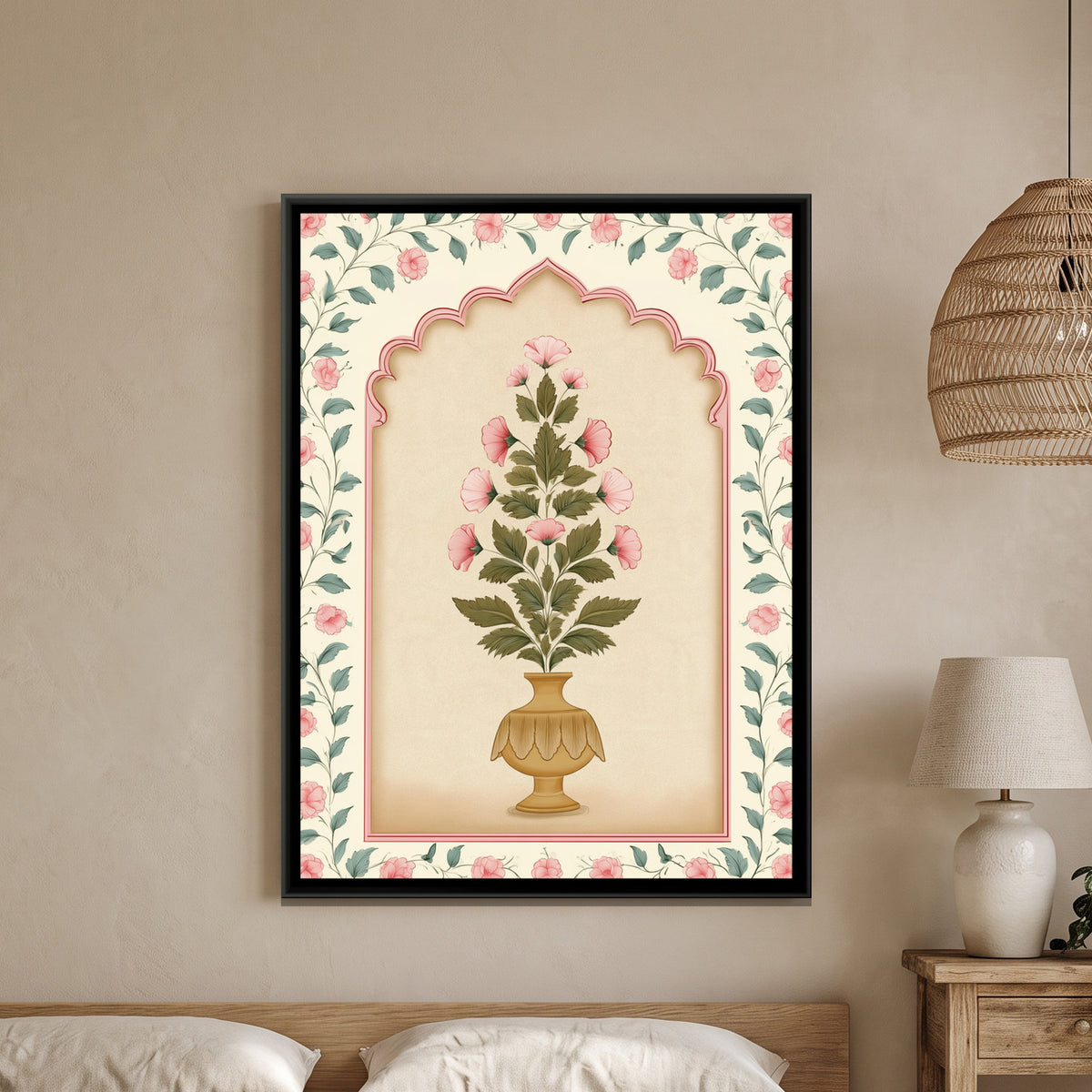 Mughal Flower Vase — framed canvas art hung on a wall