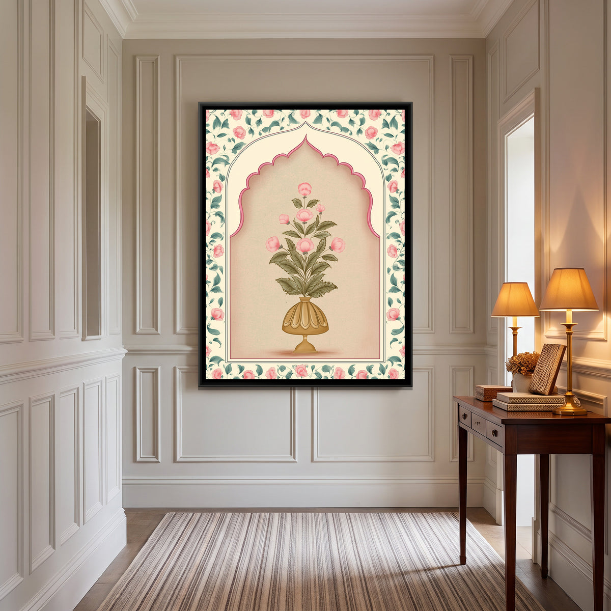 Mughal Flower Vase — canvas art shown in a styled room