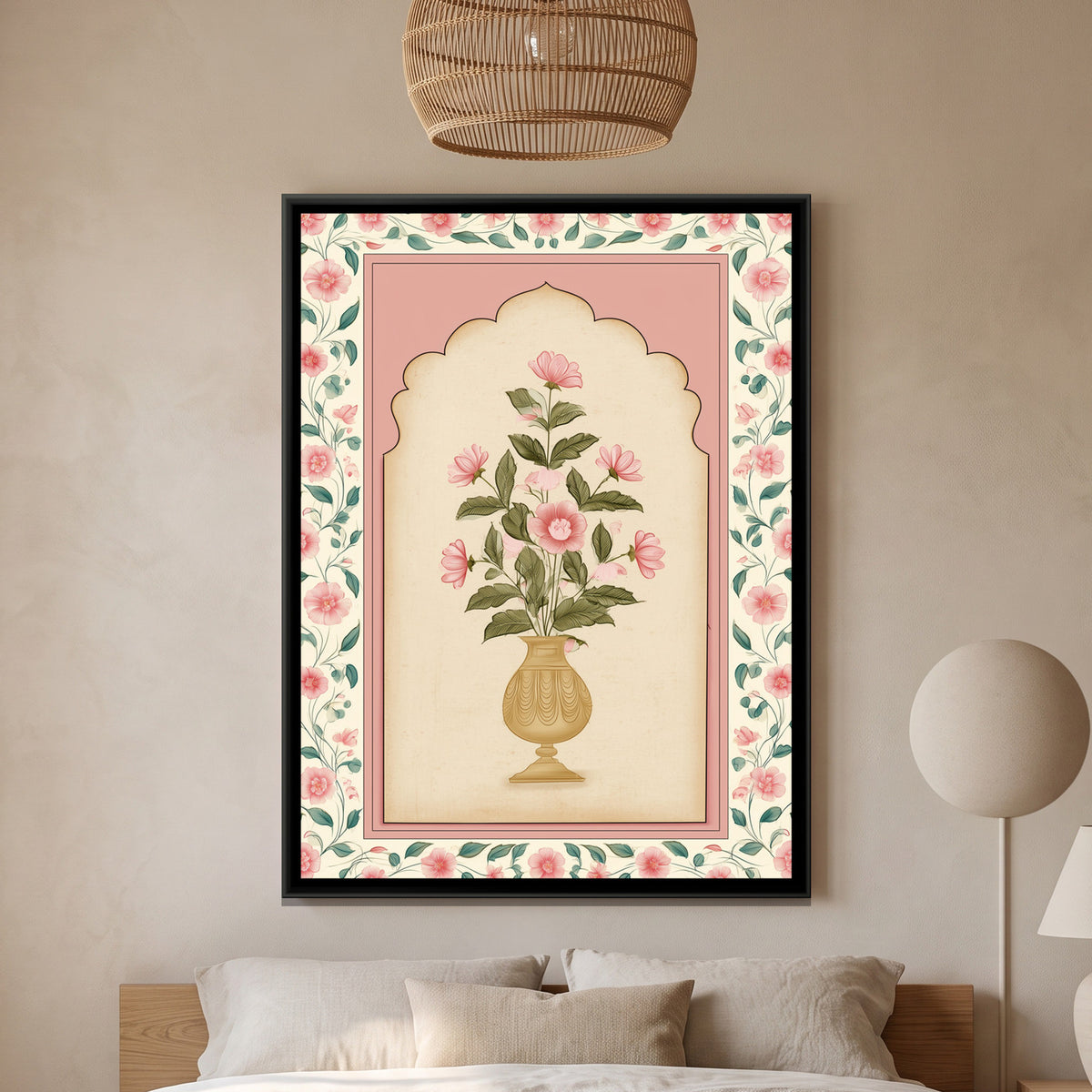 Mughal Flower Vase — framed canvas art hung on a wall