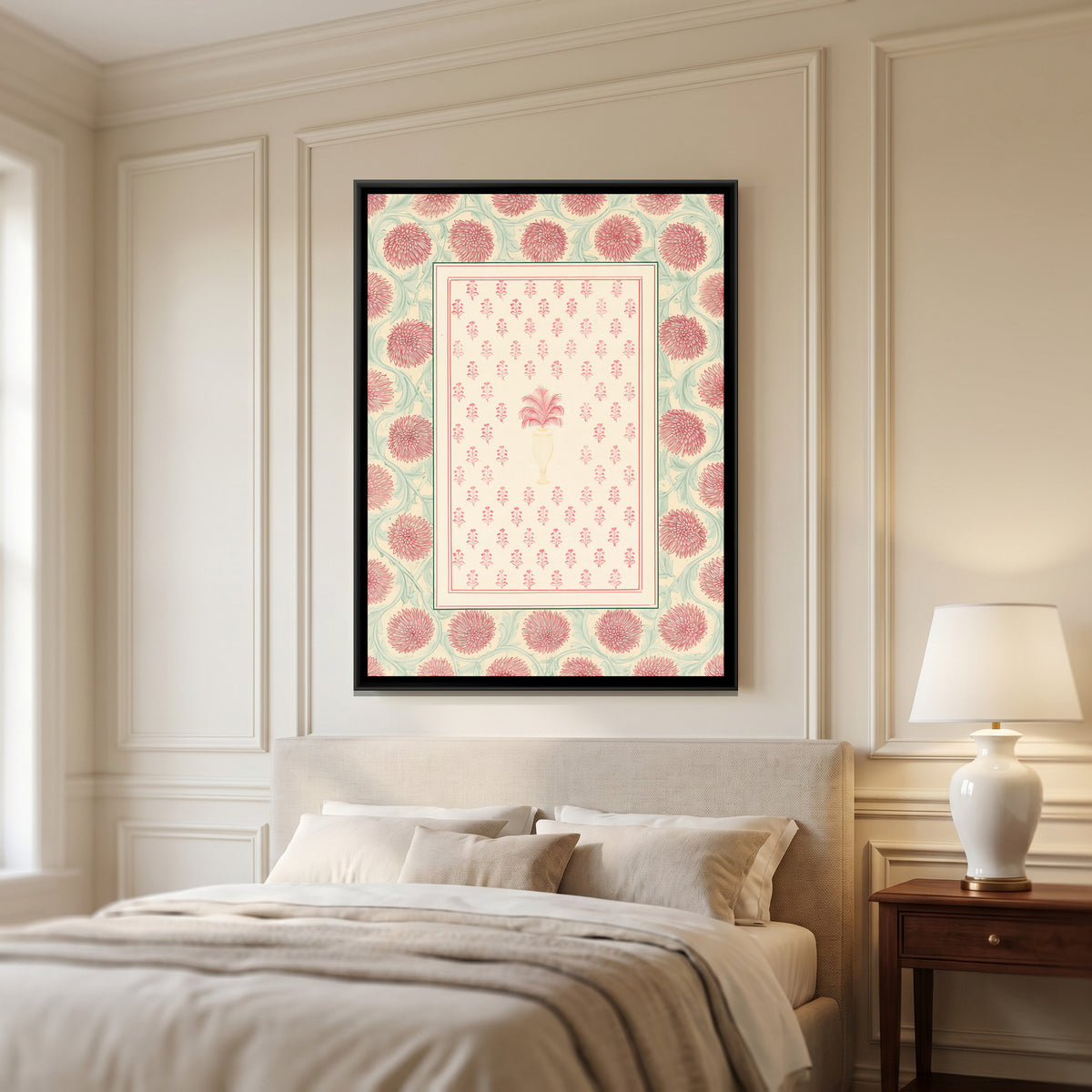 Block Print Floral Vase — canvas art shown in a second room setting
