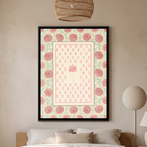 Block Print Floral Vase — framed canvas art hung on a wall