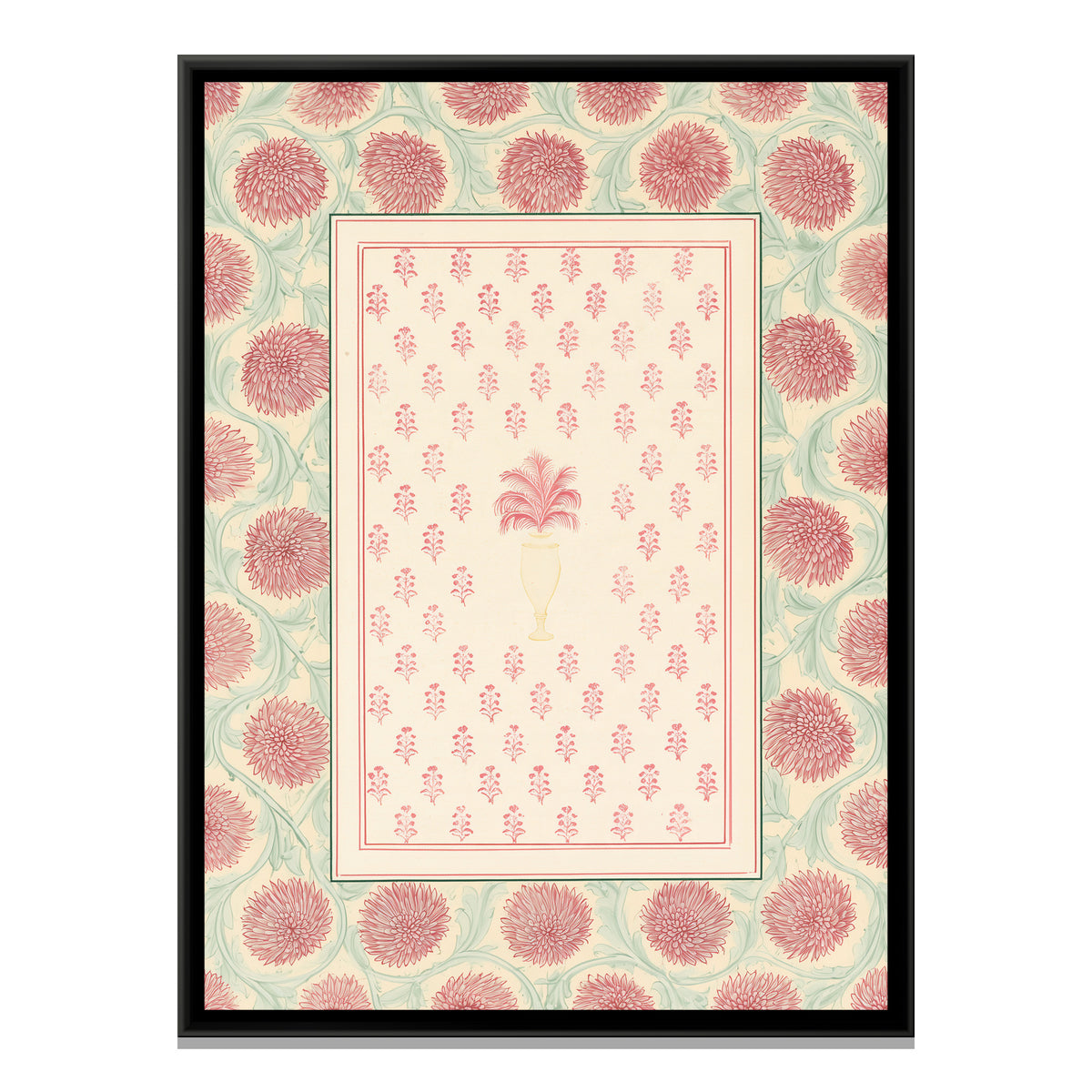 Block Print Floral Vase — framed canvas print, front view