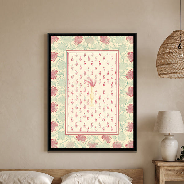 Block Print Floral Vase — framed canvas art hung on a wall