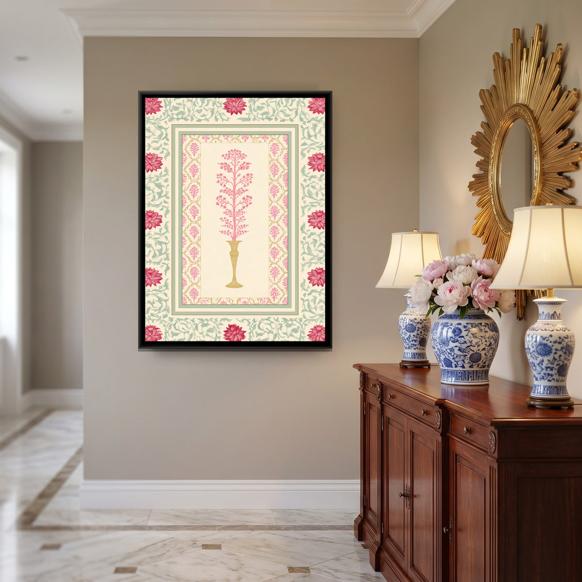 Mughal Flowering Tree — canvas art shown in a second room setting