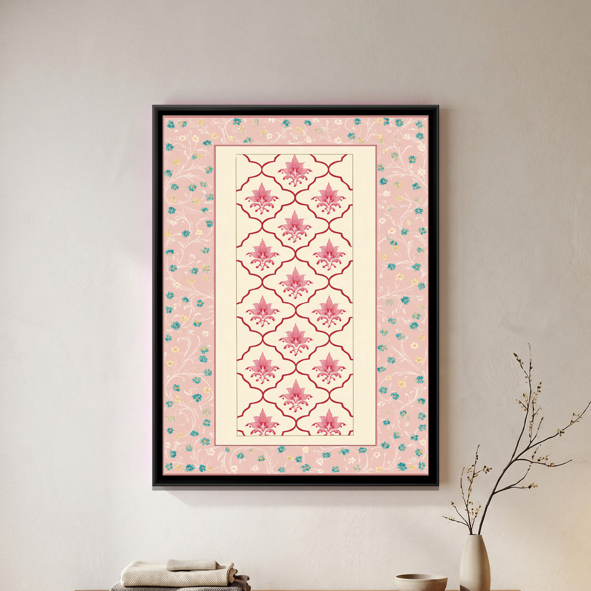 Mughal Floral Lattice — framed canvas art hung on a wall