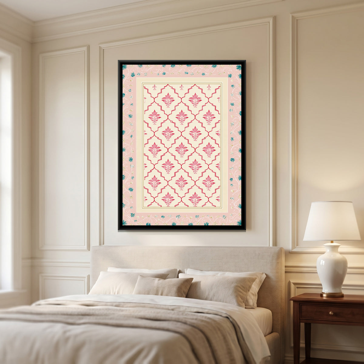 Mughal Floral Lattice — canvas art shown in a second room setting