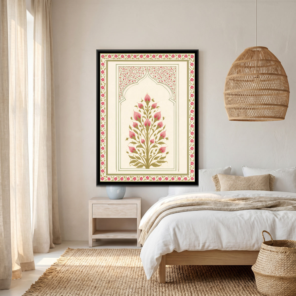Mughal Rose Bush — canvas art shown in a second room setting