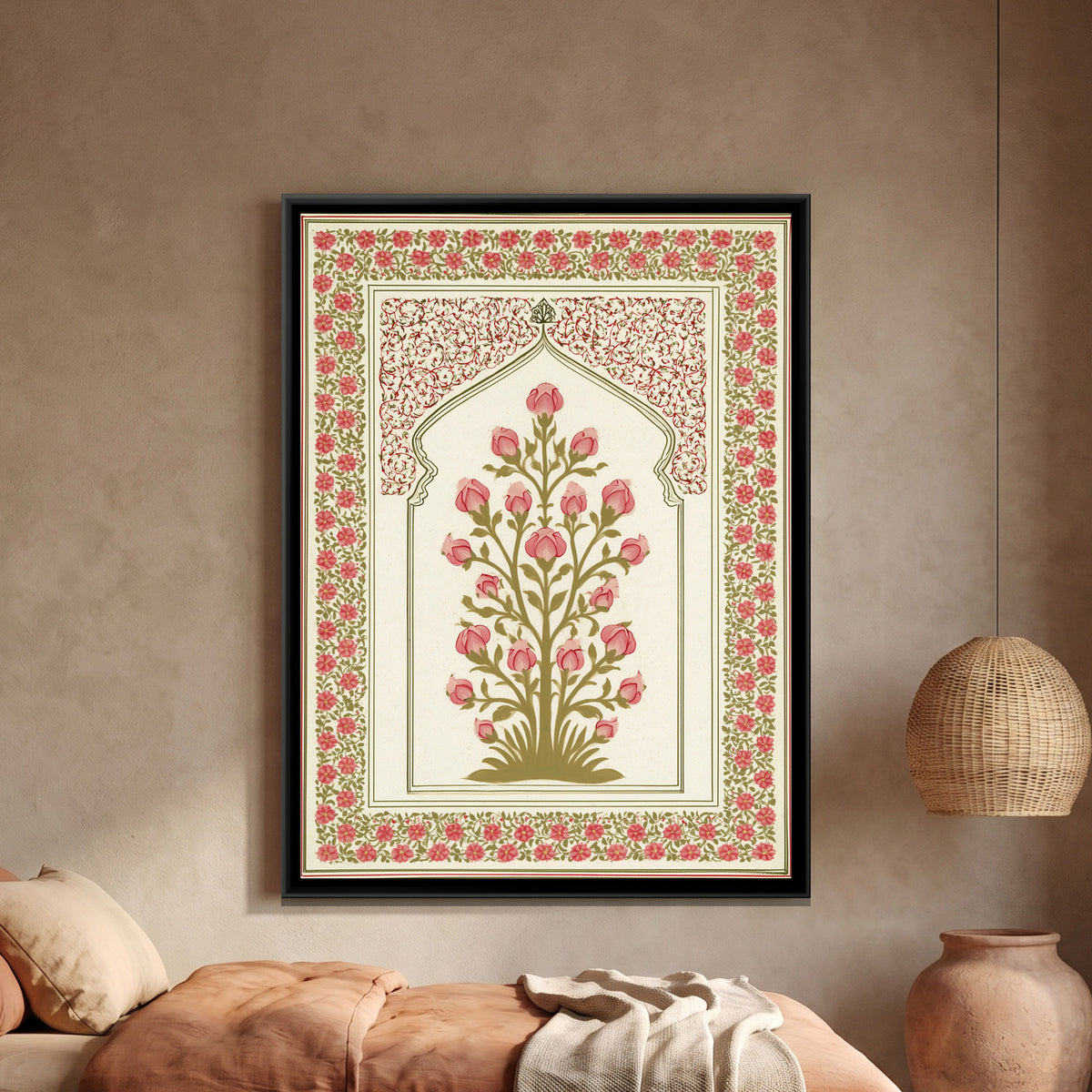Mughal Rose Bush — framed canvas art hung on a wall