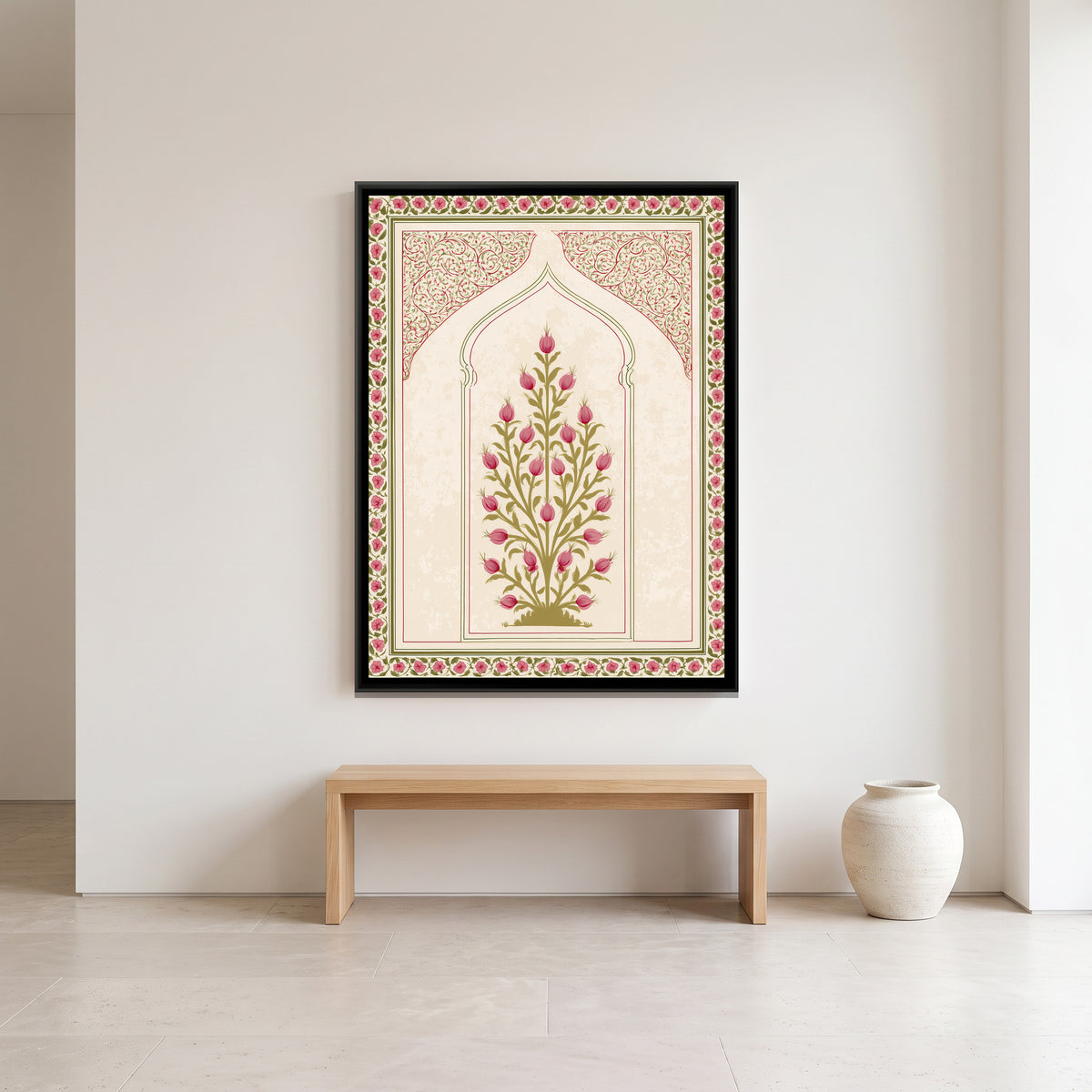 Mughal Rose Bush — canvas art shown in a second room setting