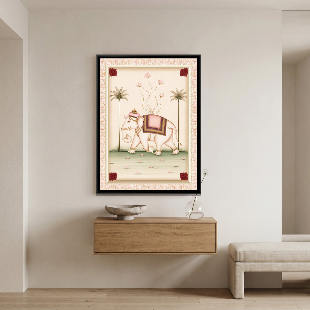 Pichwai Elephant — canvas art shown in a styled room