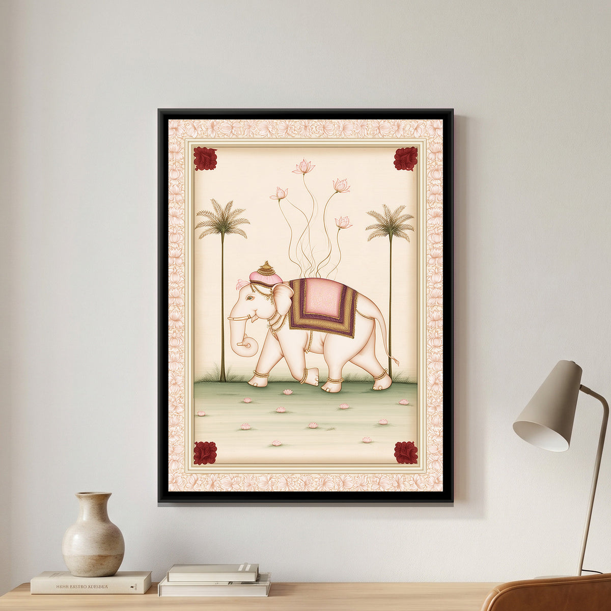 Pichwai Elephant — framed canvas art hung on a wall