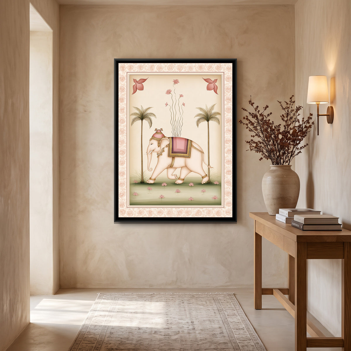 Pichwai Elephant — canvas art shown in a styled room