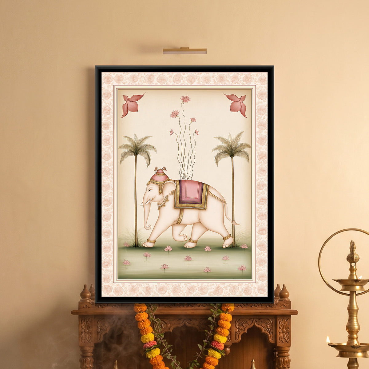 Pichwai Elephant — framed canvas art hung on a wall