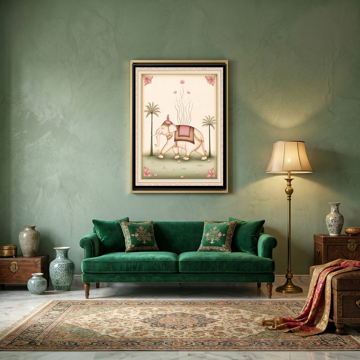 Pichwai Elephant — canvas art shown in a styled room