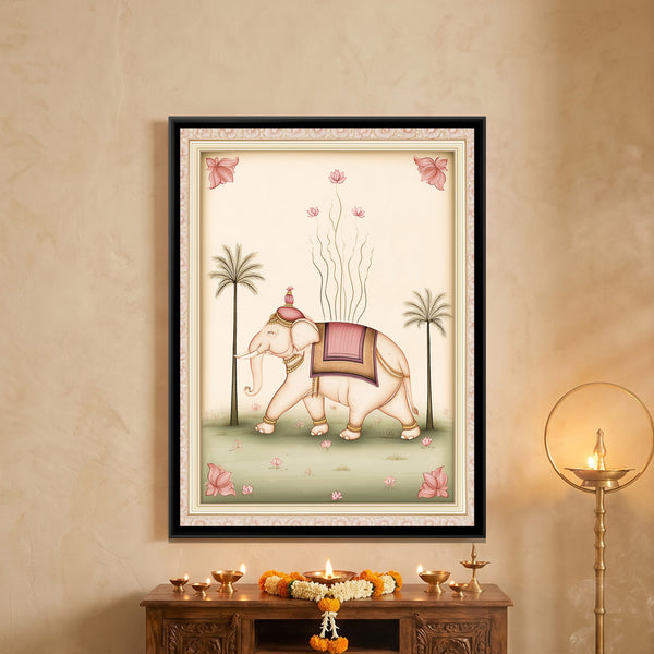 Pichwai Elephant — framed canvas art hung on a wall