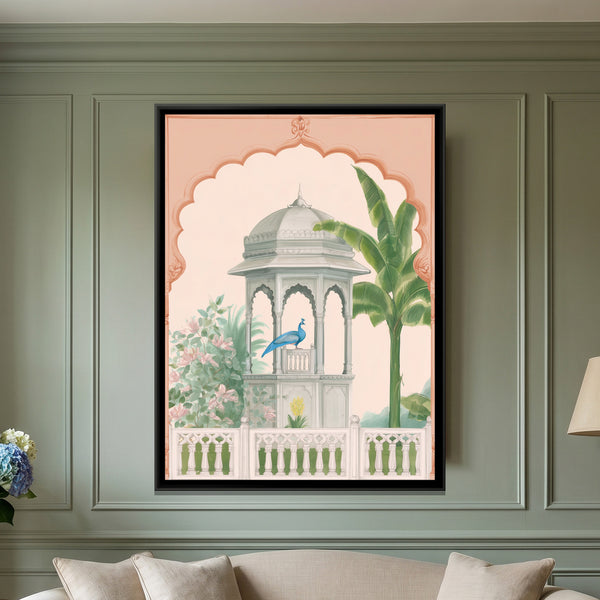 Palace Garden Peacock — framed canvas art hung on a wall