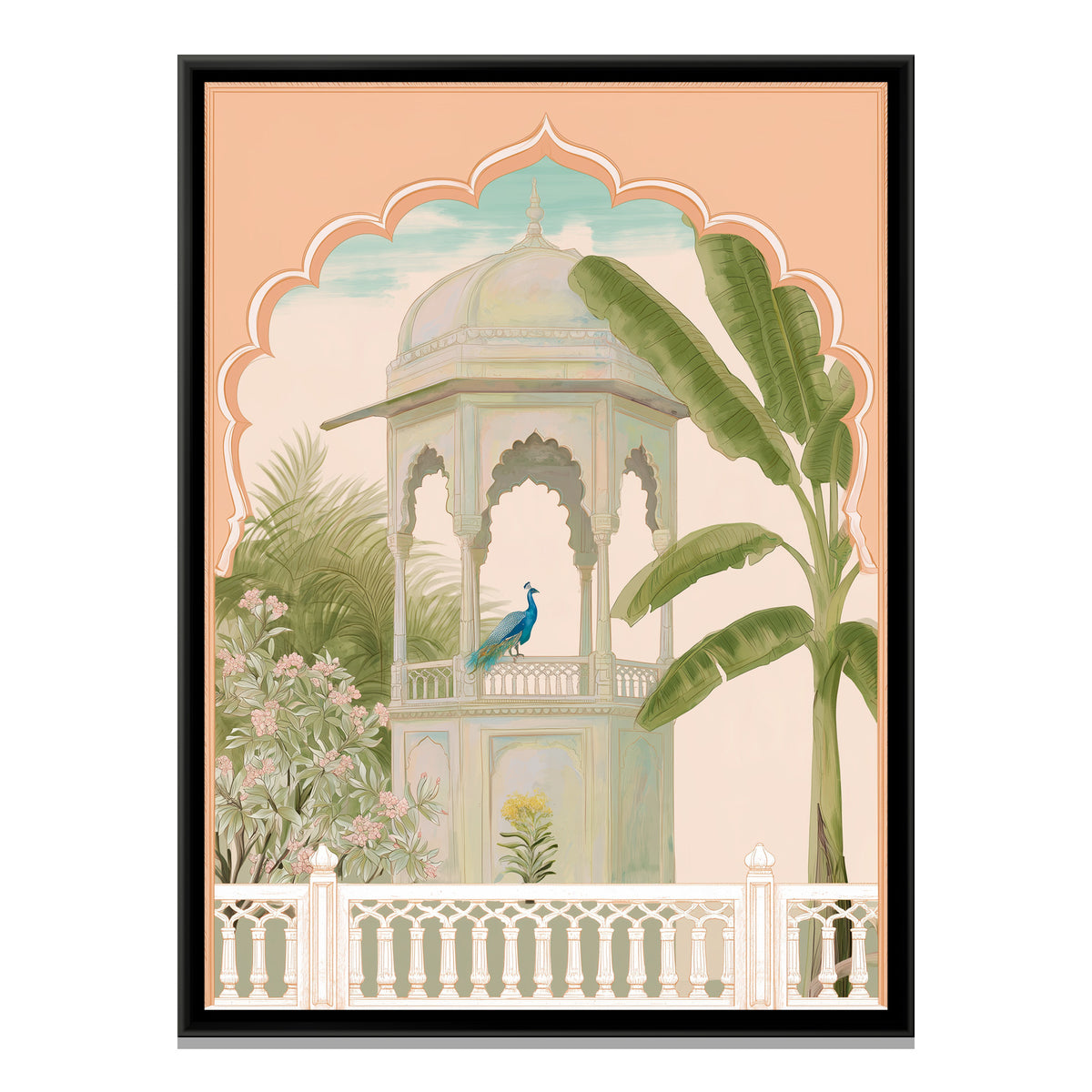 Palace Garden Peacock — framed canvas print, front view