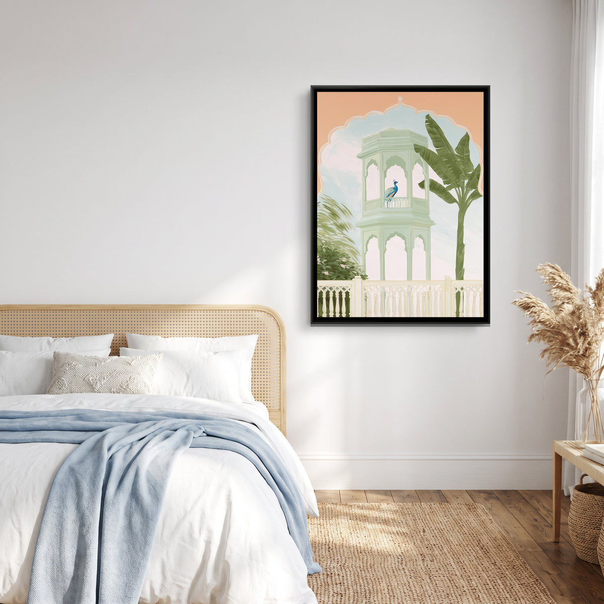 Palace Garden Peacock — canvas art shown in a styled room