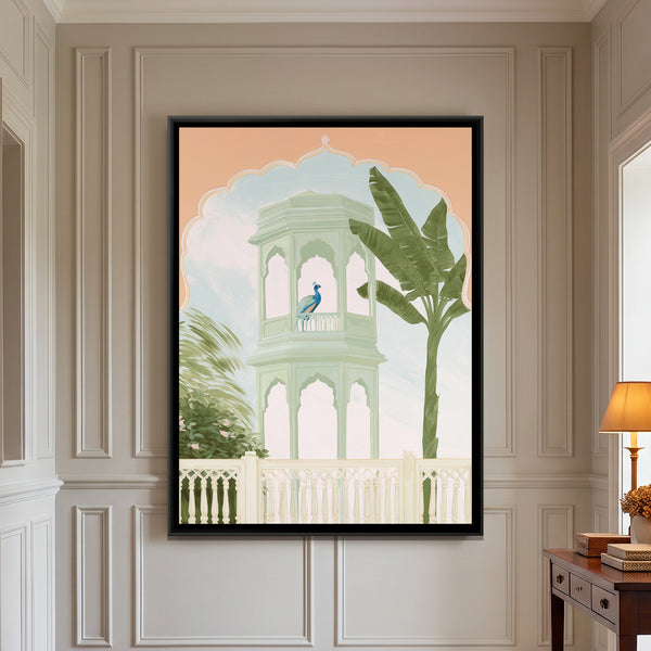 Palace Garden Peacock — framed canvas art hung on a wall