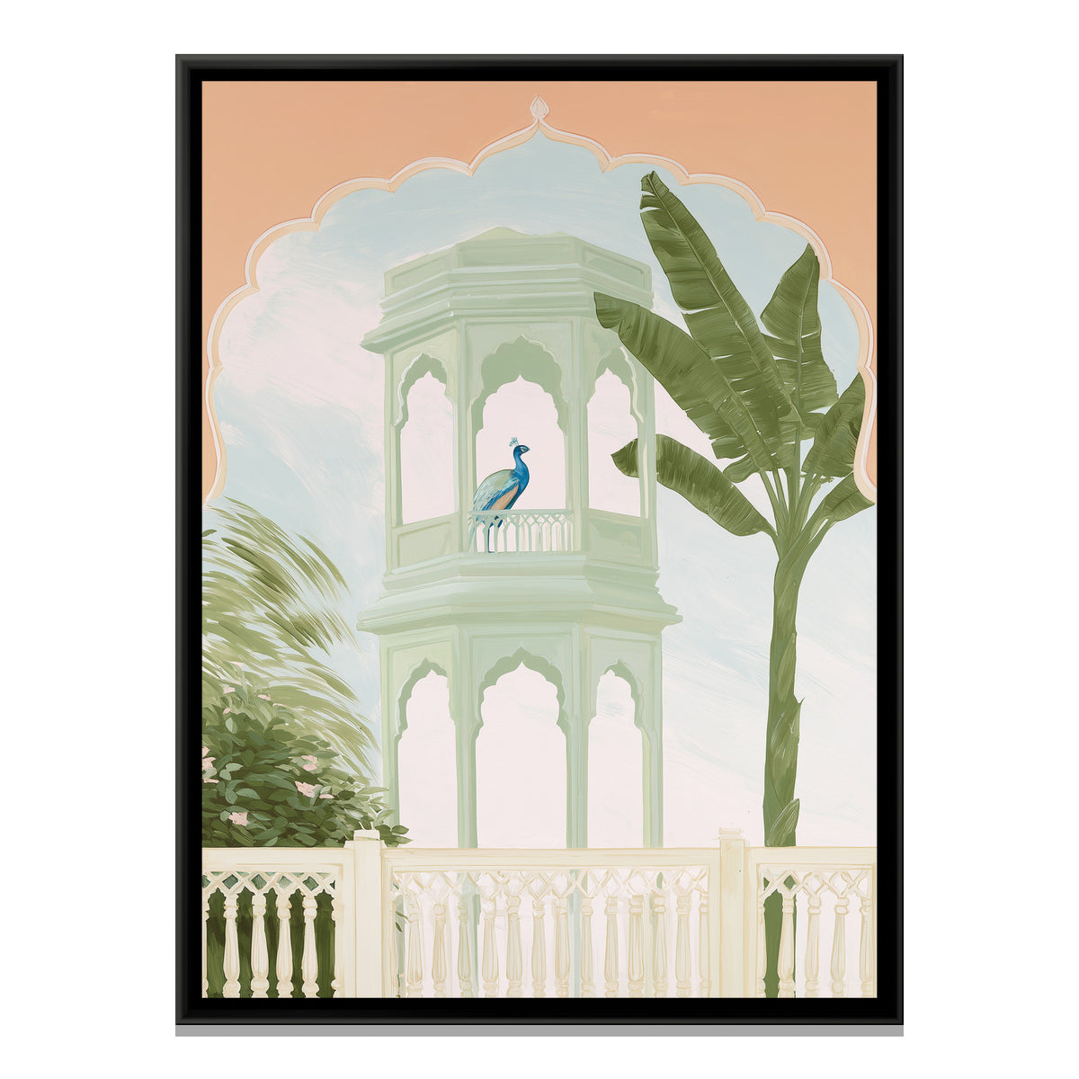 Palace Garden Peacock — framed canvas print, front view