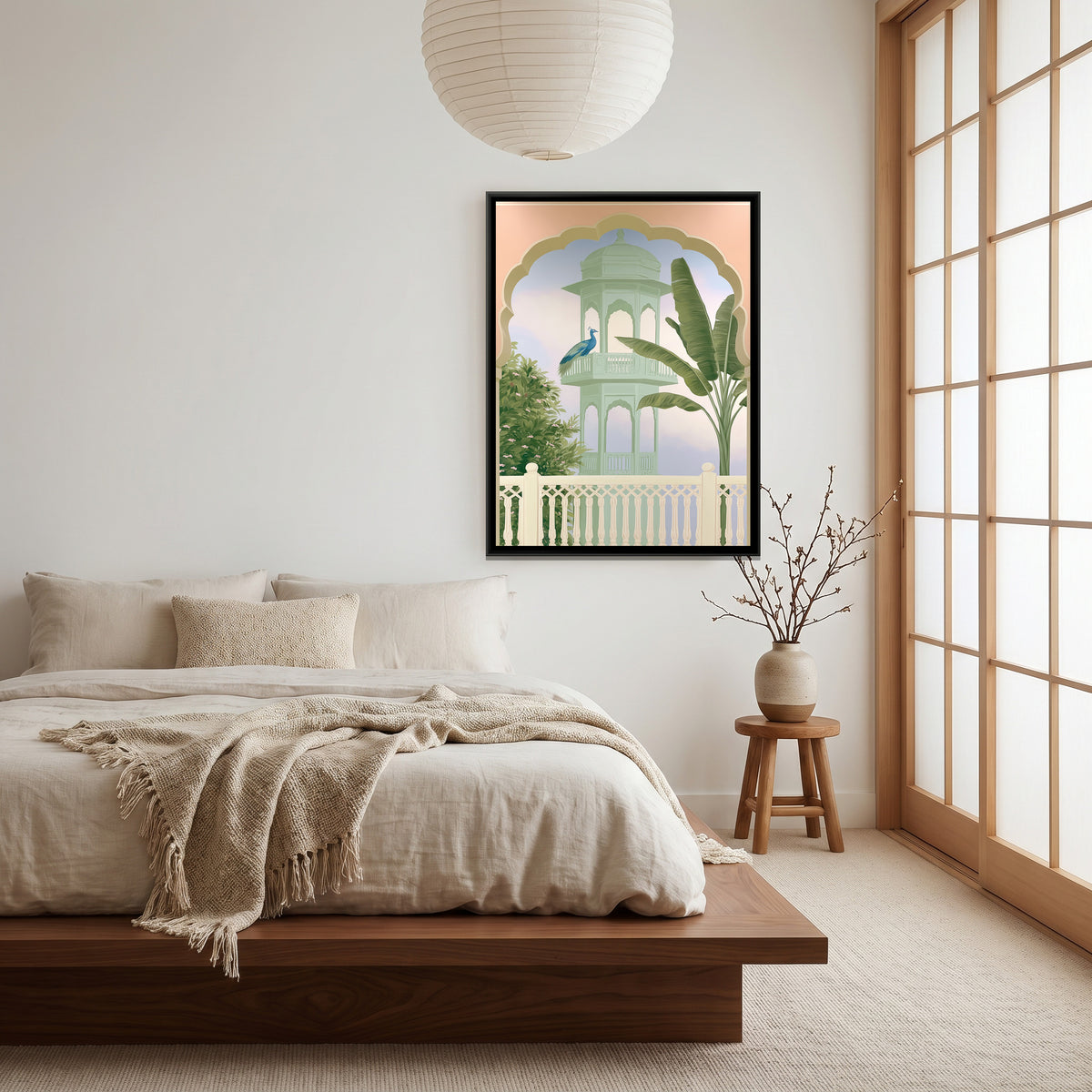 Palace Garden Peacock — canvas art shown in a second room setting