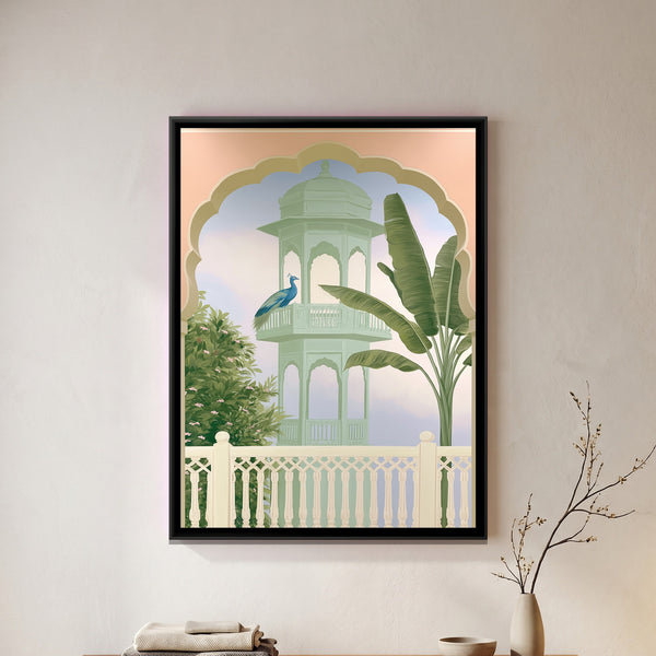Palace Garden Peacock — framed canvas art hung on a wall