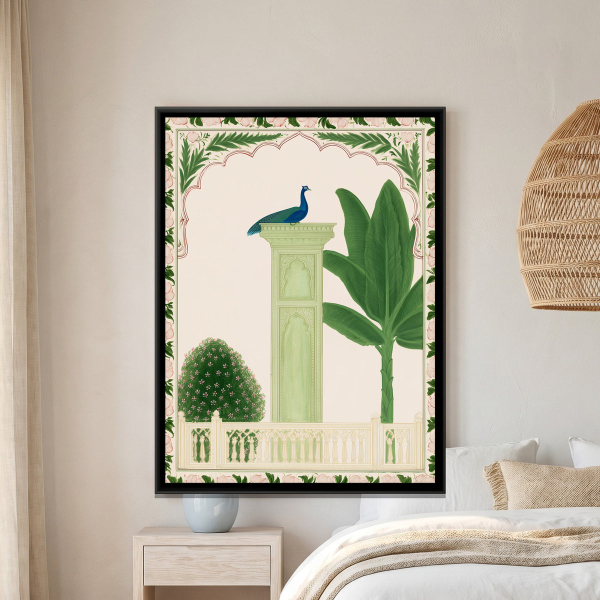 Palace Garden Peacock — framed canvas art hung on a wall