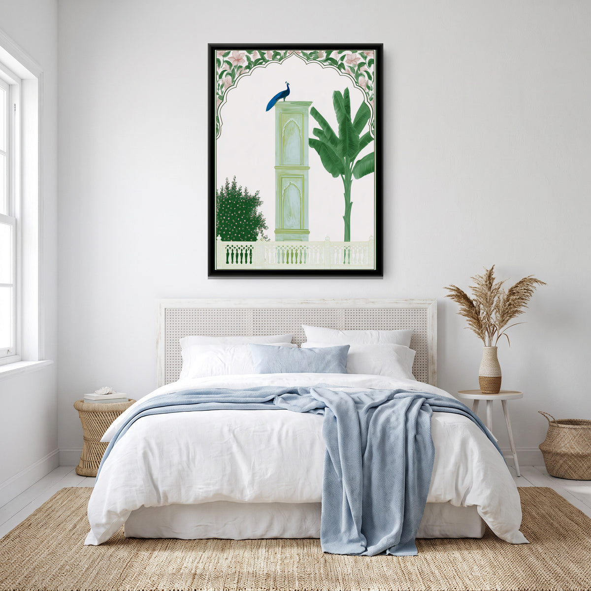 Palace Garden Peacock — canvas art shown in a second room setting