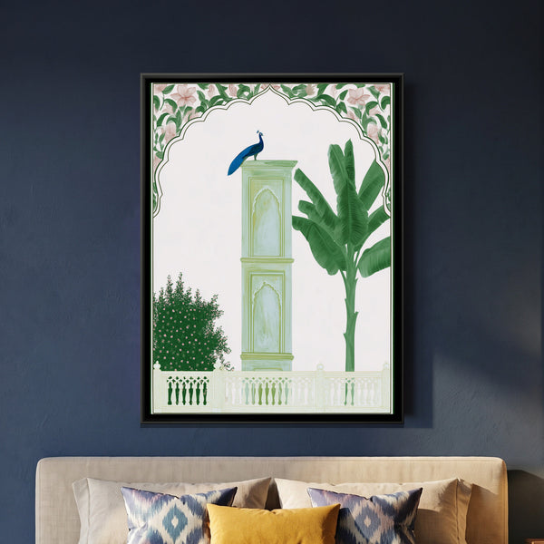 Palace Garden Peacock — framed canvas art hung on a wall