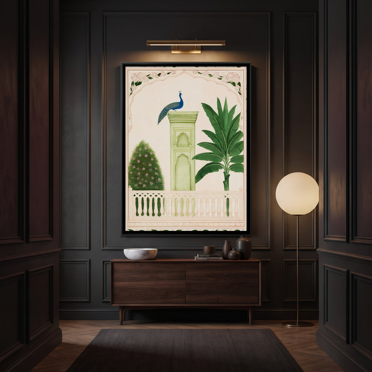 Palace Garden Peacock — canvas art shown in a second room setting