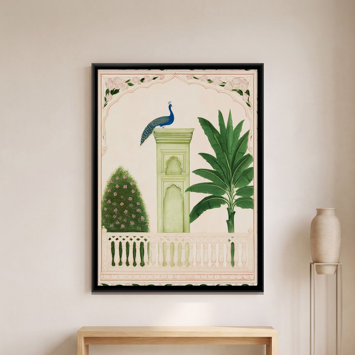 Palace Garden Peacock — framed canvas art hung on a wall