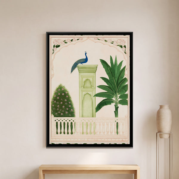 Palace Garden Peacock — framed canvas art hung on a wall