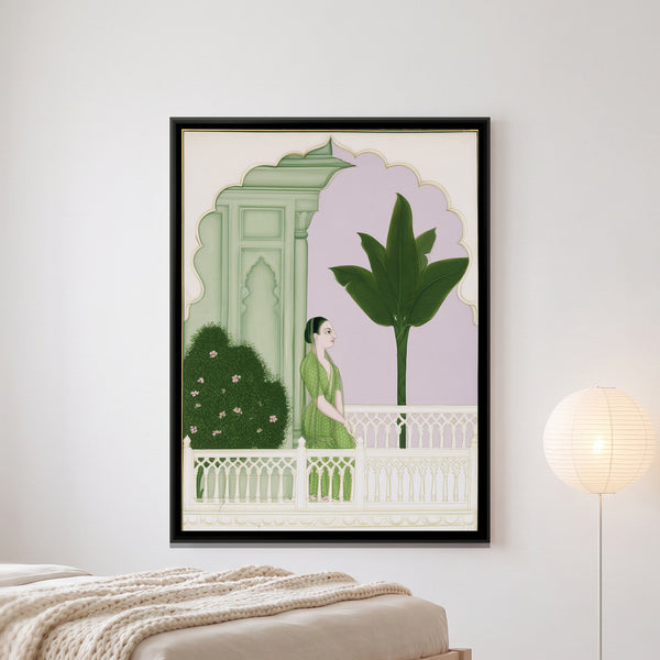 Lady on a Palace Terrace — framed canvas art hung on a wall