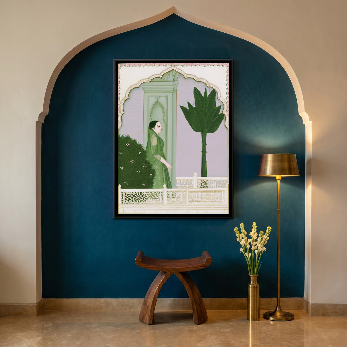 Lady on a Palace Terrace — canvas art shown in a second room setting