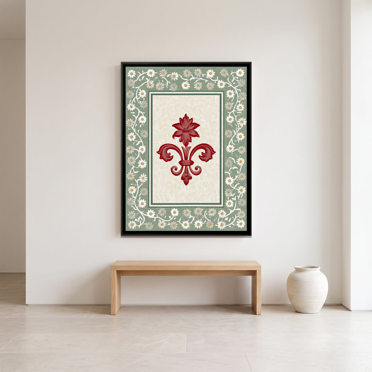 Red Fleur de Lis — canvas art shown in a second room setting