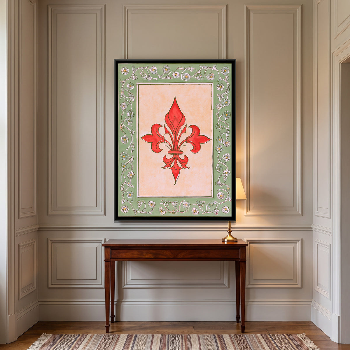 Red Fleur de Lis — canvas art shown in a styled room