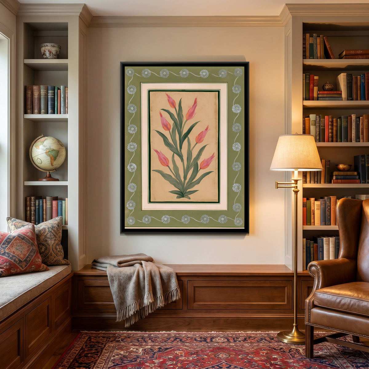 Mughal Tulips — canvas art shown in a styled room