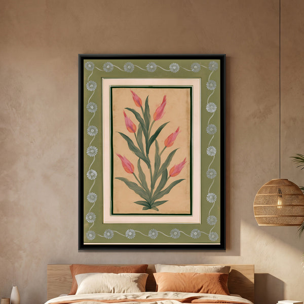 Mughal Tulips — framed canvas art hung on a wall