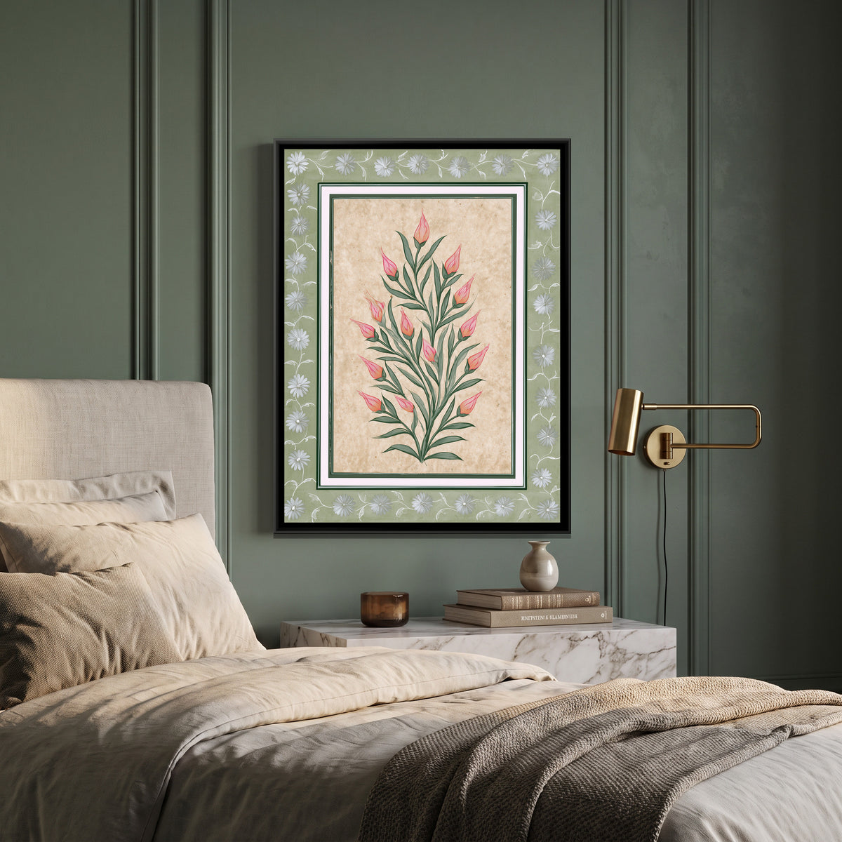 Mughal Tulips — canvas art shown in a styled room