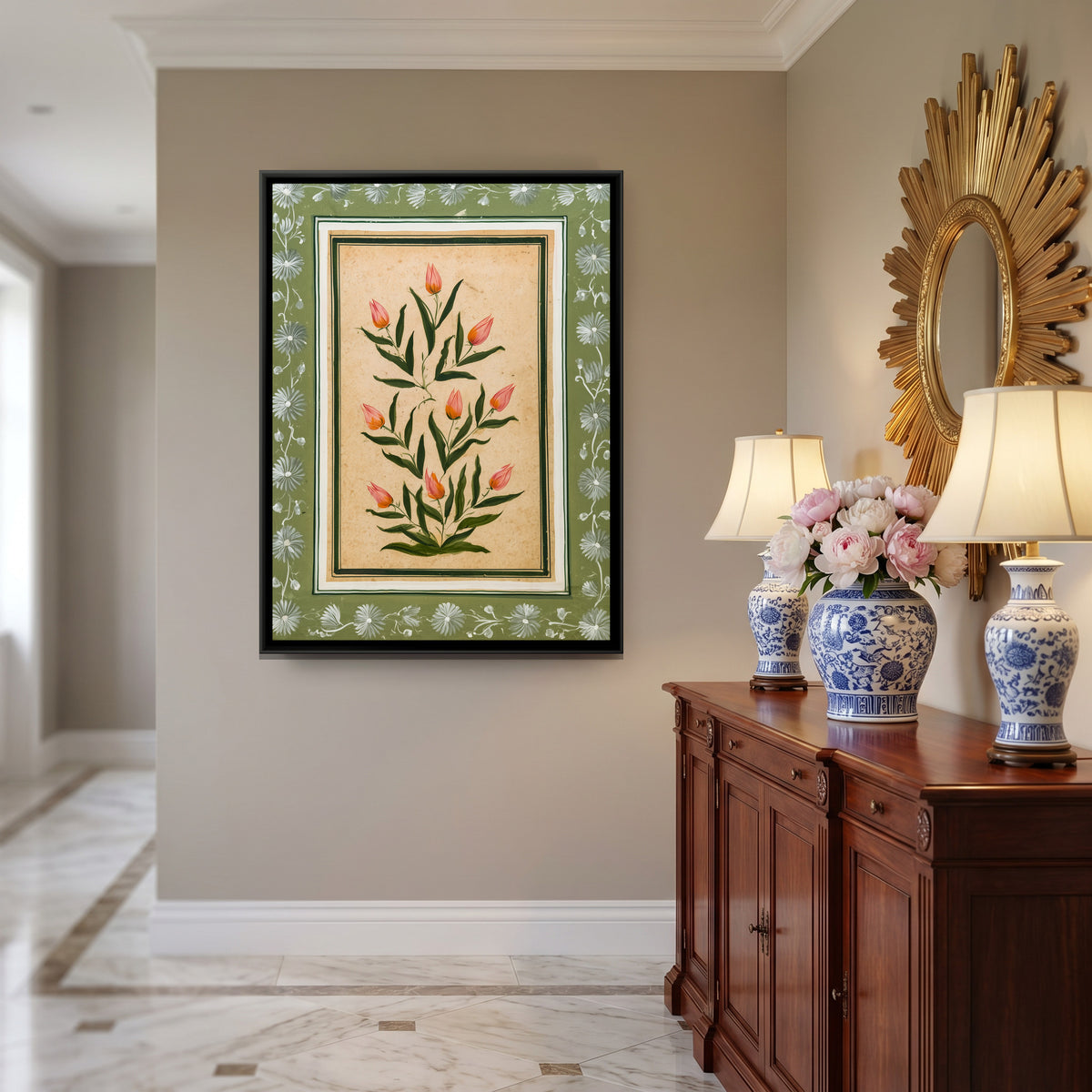 Mughal Tulips — canvas art shown in a styled room